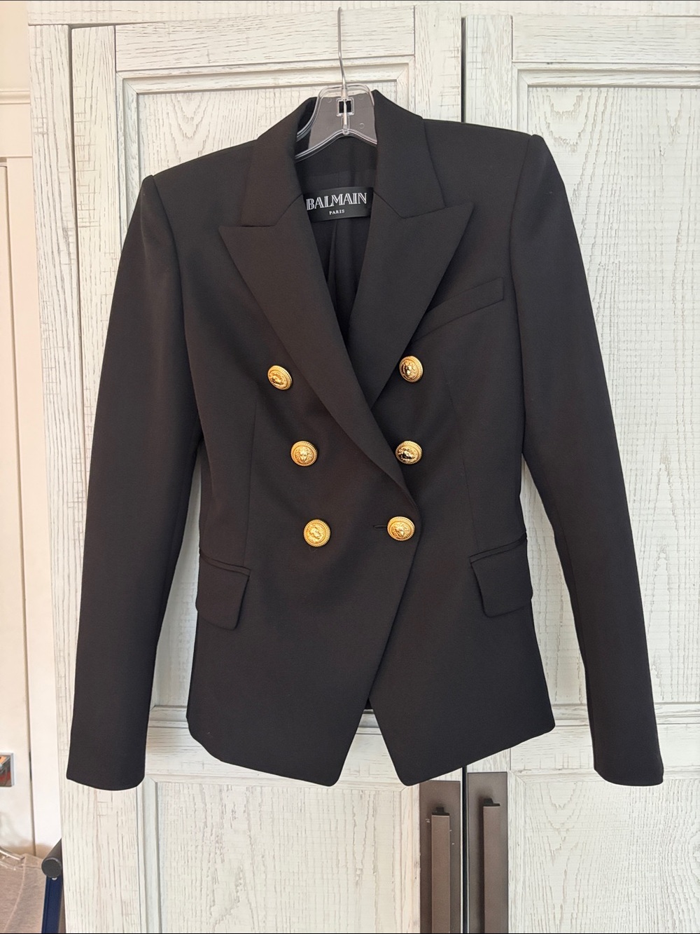 Balmain Black Double-Breasted Blazer with Gold Emblem Buttons